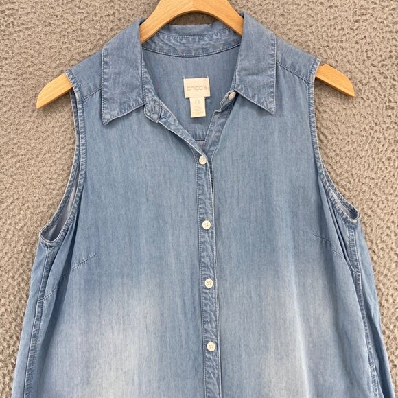 Chicos Shirt Womens 0 US Small Blue Chambray Button Up Collar Sleeveless Hi Low - Picture 2 of 10
